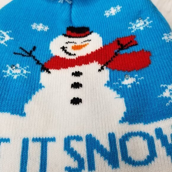 Let It Snow! Blue White Flashing Lights Pom Pom Knit Beanie Hat Kids OS - Picture 4 of 5